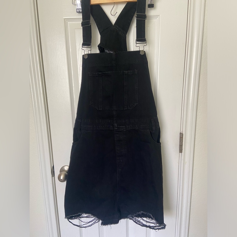 City Chic Size 18 Black Overalls Dress with Distressed Skirt Hem NWT